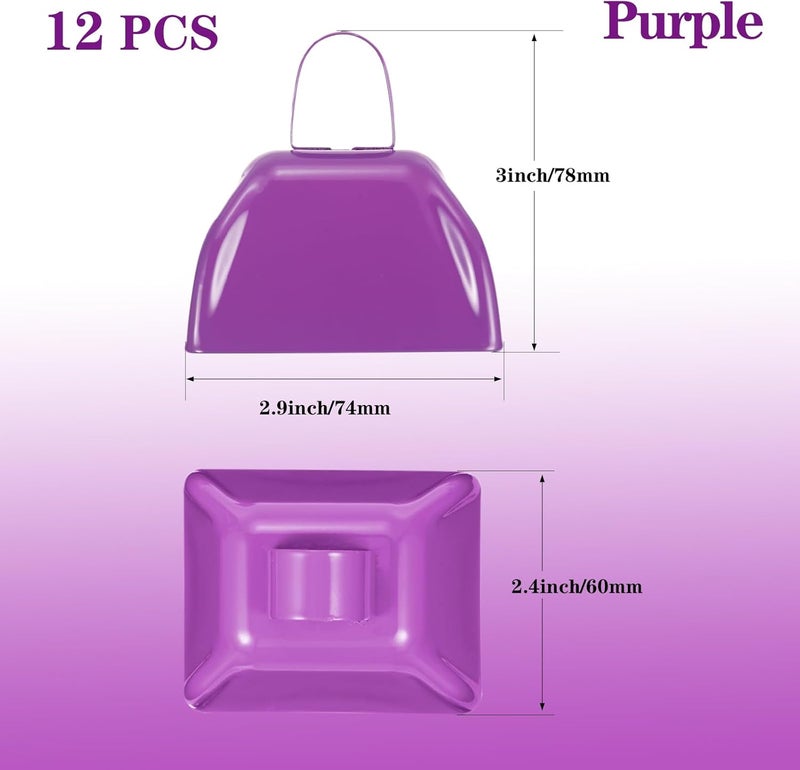 HEYLEAYAR 3Inch Cowbells for Sporting Events,12Pcs Metal Cow Bells Bulk Loud Noise Makers Cow Bell with Handle for Cheering Football Games Spirit Marathon Weddings Party Noisemakers, Purple - Image 2